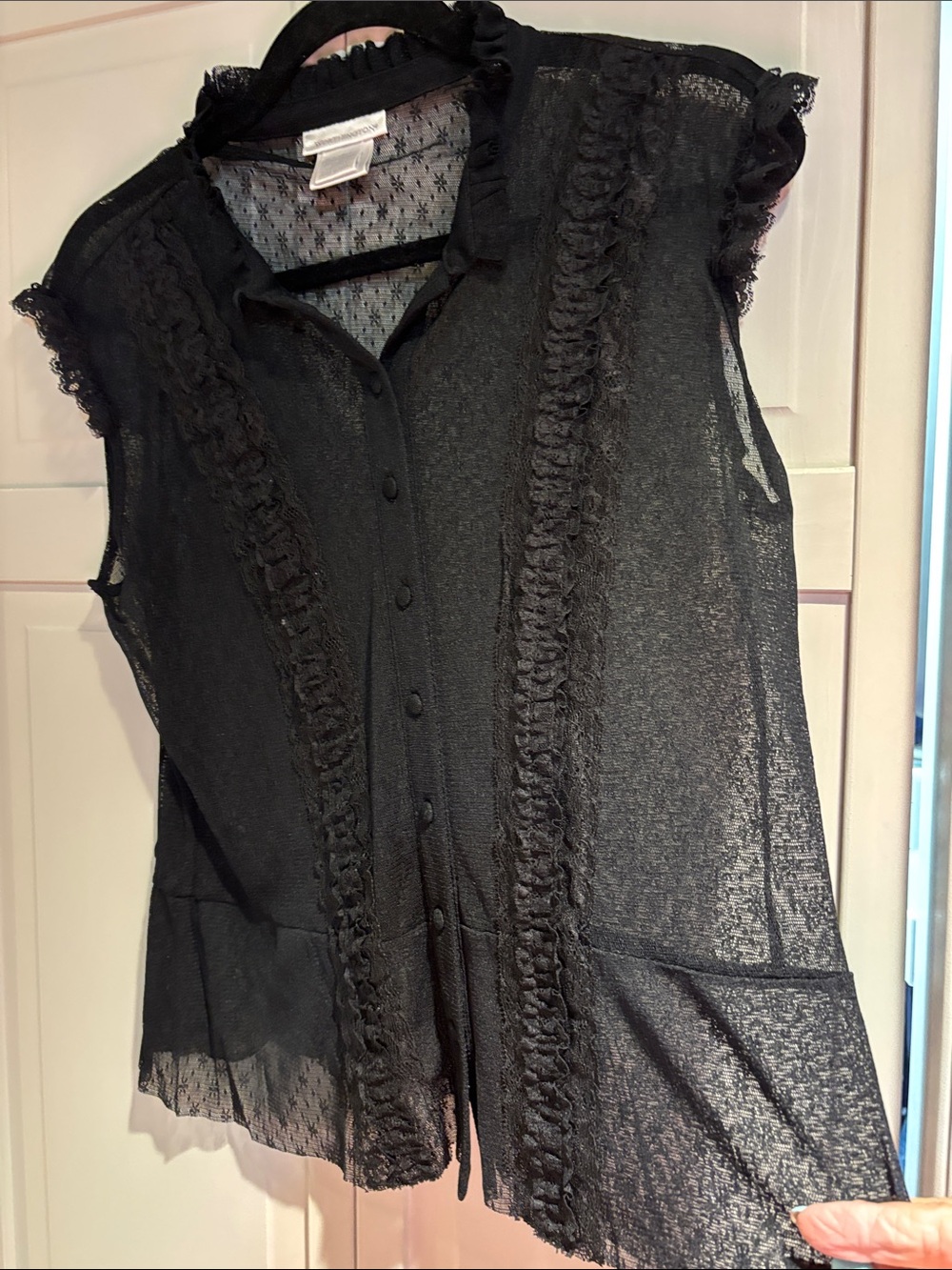 Worthington Black Sheer Ruffle-Trim Button Blouse
